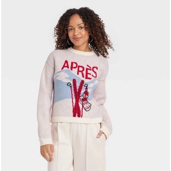 Women's Holiday Crewneck Pullover Sweater - A New Day Cream Blue Apres Medium - Picture 1 of 1